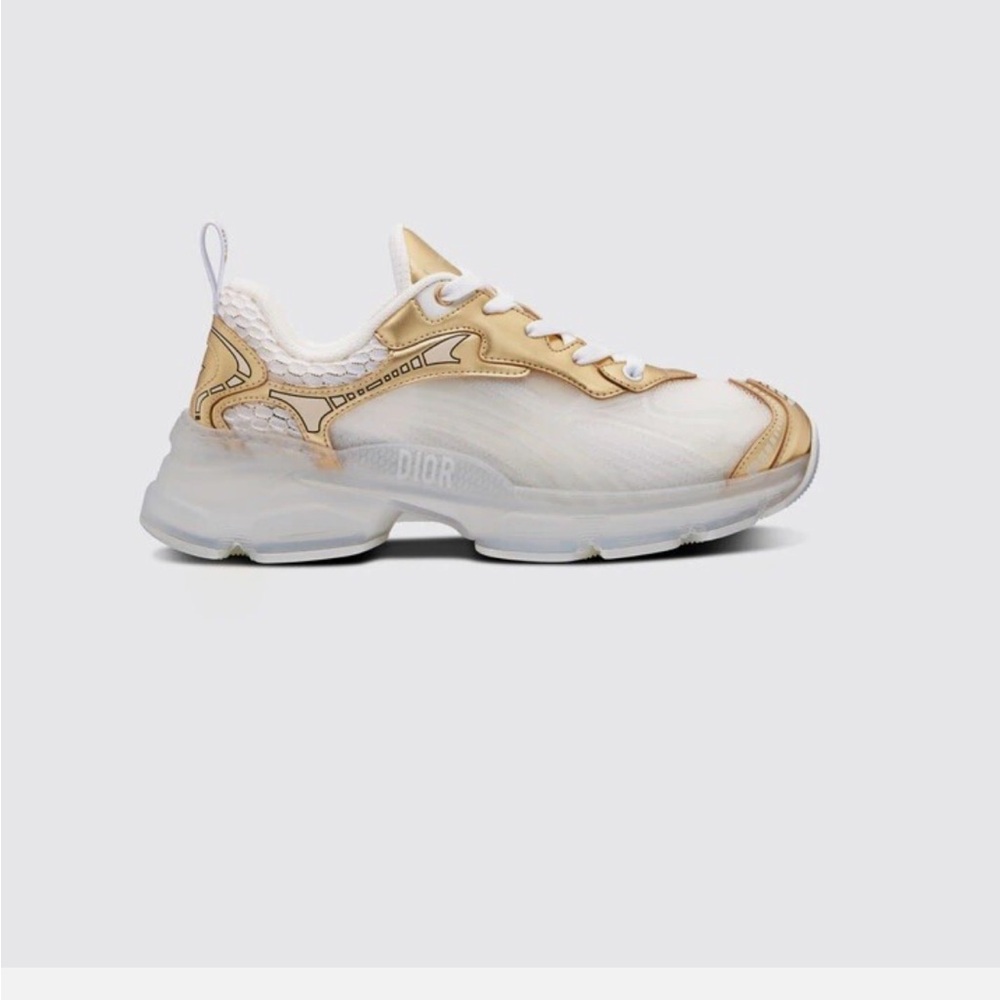 Women’s Authentic Dior Vibe White & Metallic Gold Mesh & Leather Sneakers 6.5